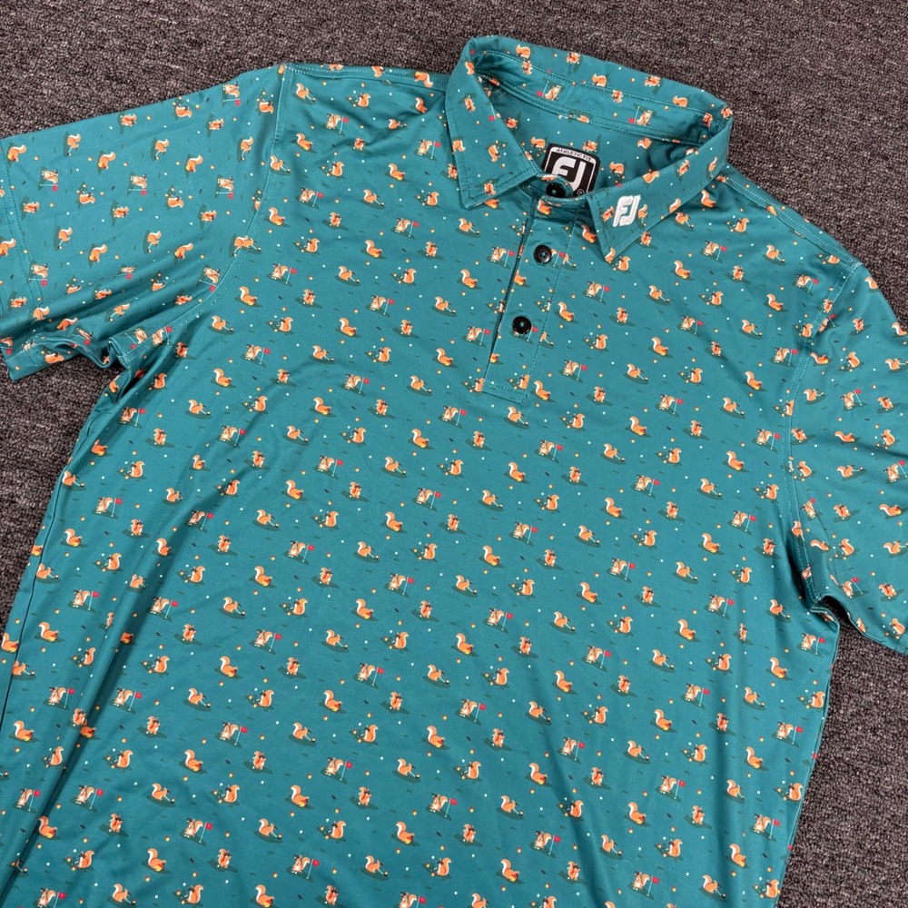FootJoy Tour Golf Polo Mens Medium Teal Green Squirrel Print Athletic Fit SS